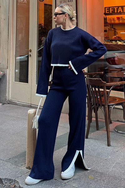 Swist Sötétkék Intersiye csíkos hasított kötött Crop-Pants női kötöttáru alsó-felső szett