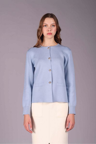 Sempre Cardigan de damă cu decolteu rotund cu nasturi din metal auriu 2579 Albastru