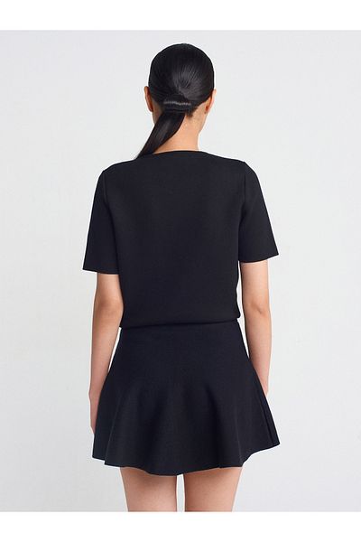 Dilvin 80120 Fusta tricotată cu volan cu talie elastică-Negru