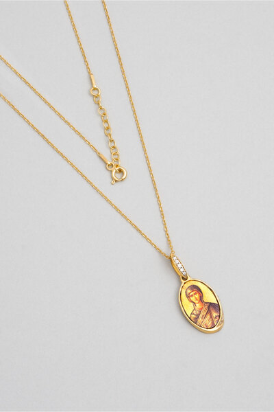 So CHIC... Meryem Ana 18 Ayar Sarı Altın Kaplama 43 Cm Gümüş Madalyon Kolye
