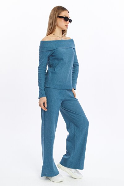 ESPOİRPLUS Жіночий бензиновий зелений колір Салоніки тканина Мадонна комір комір верхній і нижній брючний костюм