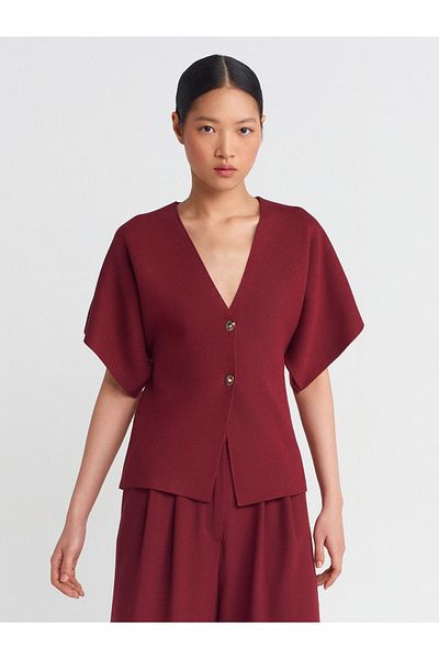 Dilvin 60288 V-Neck Buttoned Knitwear Cardigan-Claret Red