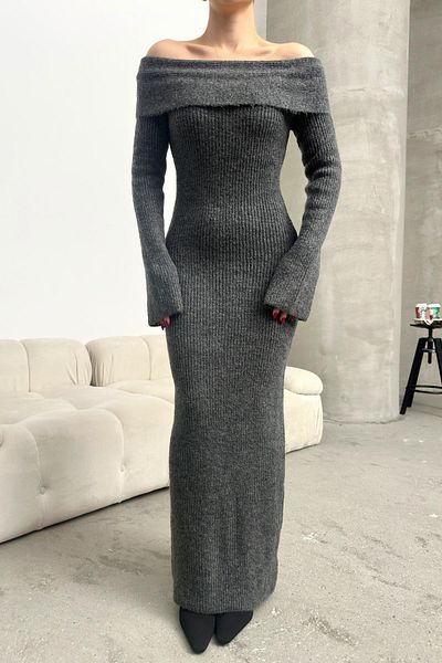 Olcay Long Knitwear Dress Boat Neck - Anthracite 9264-E