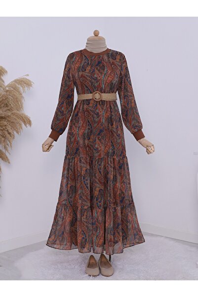Modamorfo Sukienka z szyfonu ze spódnicą w etniczny wzór - brązowa