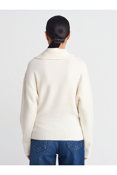 Dilvin 10679 Polo Neck Buttoned Sweater-Ecru