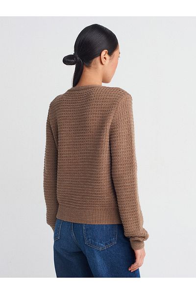 Dilvin 60261 Mink Crew Neck Knitwear Cardigan - Buttoned