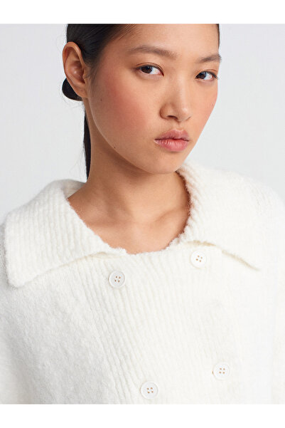 Dilvin 60928 Polo Neck Buttoned Soft Knitwear Cardigan-Ecru