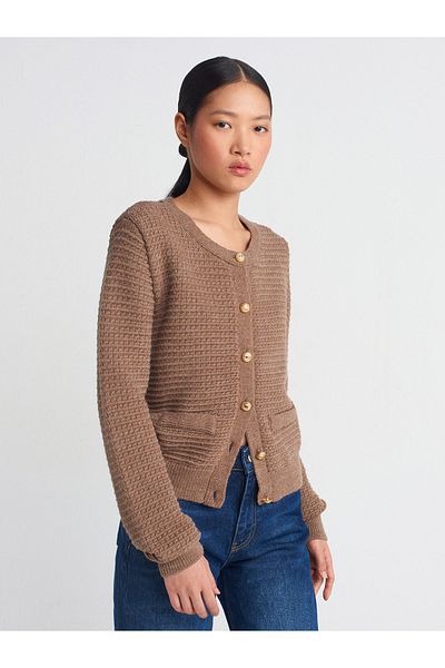 Dilvin 60261 Mink Crew Neck Knitwear Cardigan - Buttoned