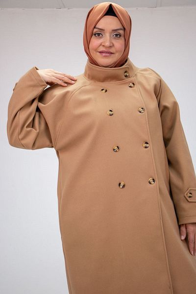 Eslina 43073 Large Size Turtleneck Cashew Coat - Tan