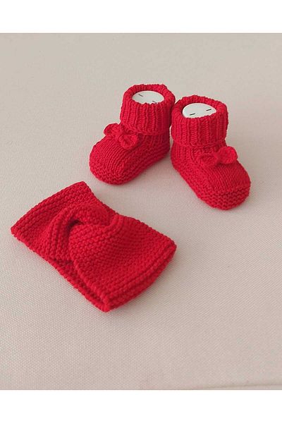 BEGİN 0-12 Months Red Newborn Gift Baby Dress - Acrylic Wool Slippers, Booties and Bandana Set