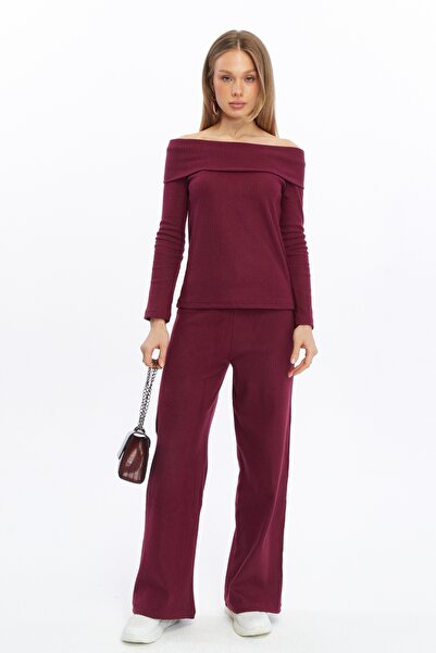 ESPOİRPLUS Дамски трикотажен комплект с горна долна част и яка в цвят бордо