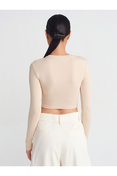 Dilvin 31236 Model Light Beige Long Sleeve Crop Top