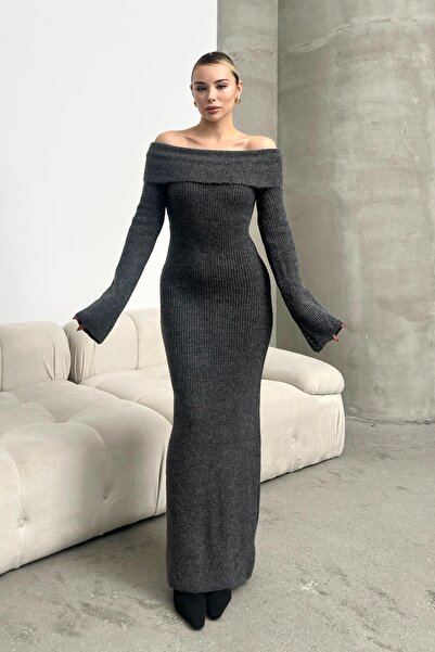 Olcay Long Knitwear Dress Boat Neck - Anthracite 9264-E