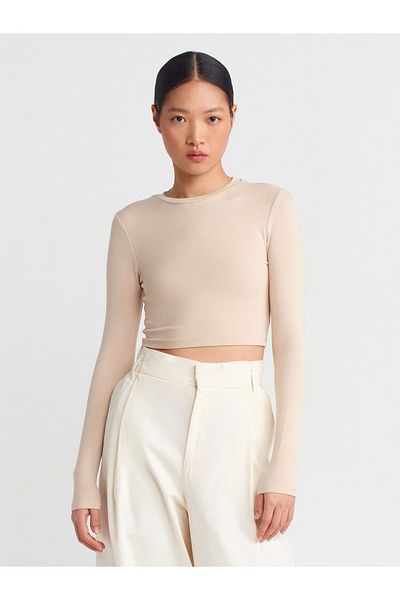 Dilvin 31236 Model Light Beige Long Sleeve Crop Top