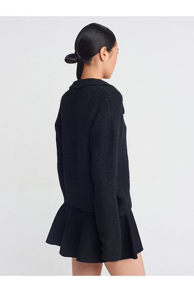 Dilvin 60928 Polo Neck Buttoned Soft Knitwear Cardigan-Black