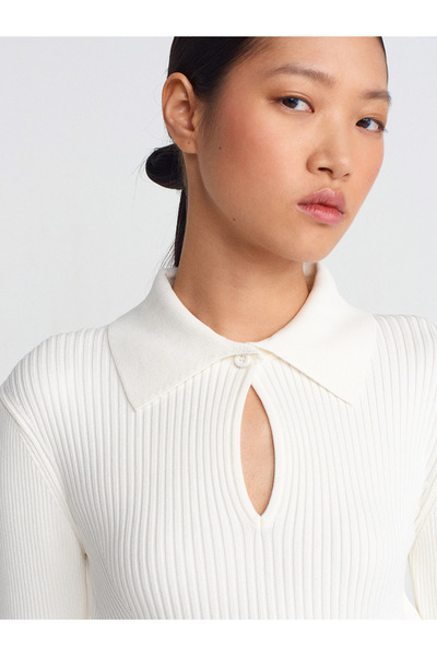 Dilvin 10637 Polo Neck Buttoned Ribbed Knitwear Sweater-Ecru