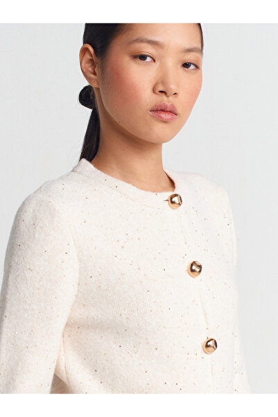 Dilvin 60935 Bisiklet Yaka Pullu Simli Düğmeli Triko Hırka-Krem