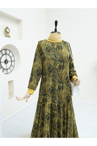 Modamorfo Fusta cu model etnic Rochie din șifon căptușită cu piese -verde ulei