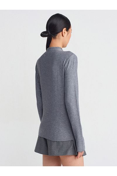 Dilvin 10685 Smoked M. - Stand Collar Sequin Thin Knitwear Sweater