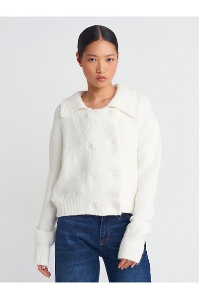 Dilvin 60928 Polo Neck Buttoned Soft Knitwear Cardigan-Ecru