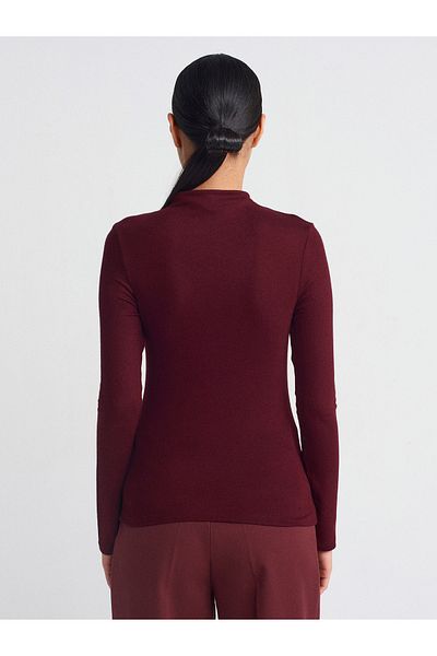 Dilvin 31391 Stand Collar Long Sleeve Top-Burgundy