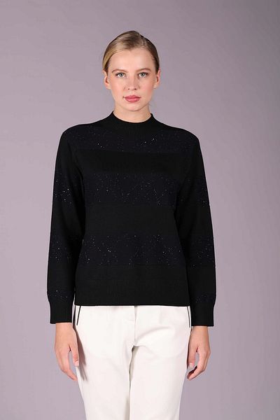 Sempre Pulover de tricotaj cu jumătate de gât cu dungi cu sclipici negru 2528
