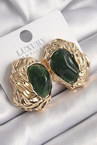 Skygo Brass Gold Color Green Oval Embroidery Detail Vintage Women's Earrings - Tj-Bkp9817