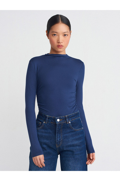 Dilvin 30504 Top cu mânecă lungă din viscoză adunată-Albastru închis