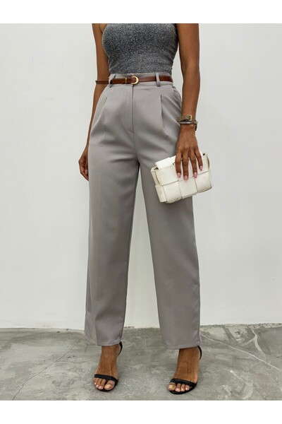Modamorfo Gray Thin Belt Pocket Stitching Long Trousers