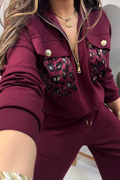 Sohotique By P Burgundy Satin Leopard Print Modal Tracksuit Set