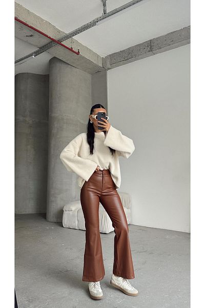 mydukkan.co Tan Leather Flare Παντελόνι - Μήκος Αστραγάλου