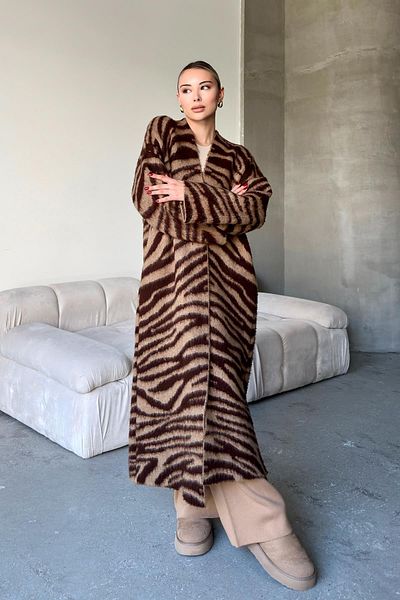 Olcay Coffee Color Zebra Print Loose Knitwear Long Cardigan - 8247