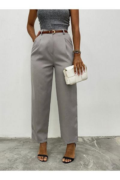Modamorfo Gray Thin Belt Pocket Stitching Long Trousers