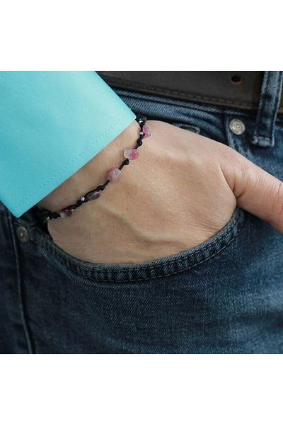 Tesbihane Macrame Braided Natural Cut Dorica Ball Detailed Tourmaline Natural Stone Men's Bracelet