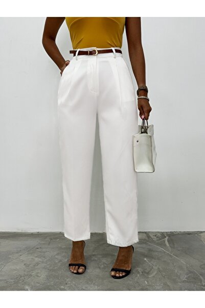 Modamorfo Slim Belted Pocketed Trousers with Stitched Legs - White