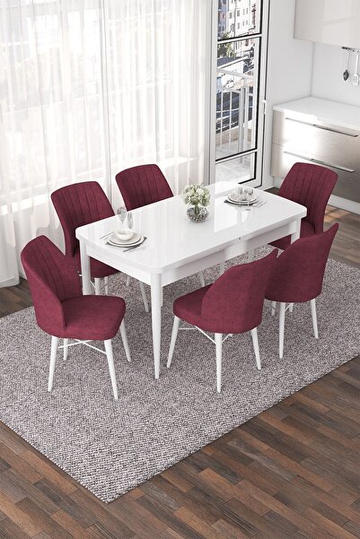 Canisa Concept Nef Serisi 70x114 Açılabilir Mdf Beyaz Masa Takımı Ve 6 Bordo ...