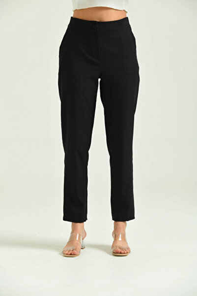 Genel Markalar Kadın Kumaş Pantolon Düğme Detaylı Kadın Kumaş Pantolon Siyah - T013