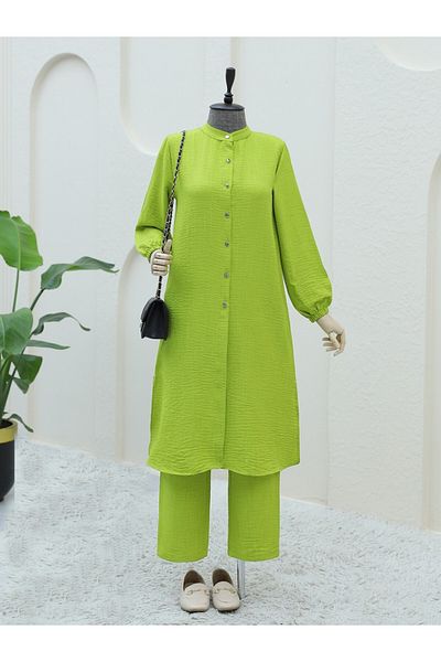 Modamorfo Metal Buttoned Sleeve Elastic Trousers Set -F.Green