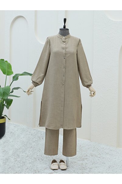 Modamorfo Metal Buttoned Sleeve Elasticated Trousers Suit - Mink