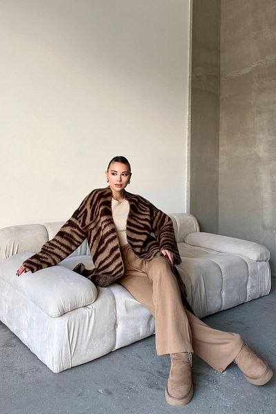 Olcay Coffee Color Zebra Print Loose Knitwear Long Cardigan - 8247
