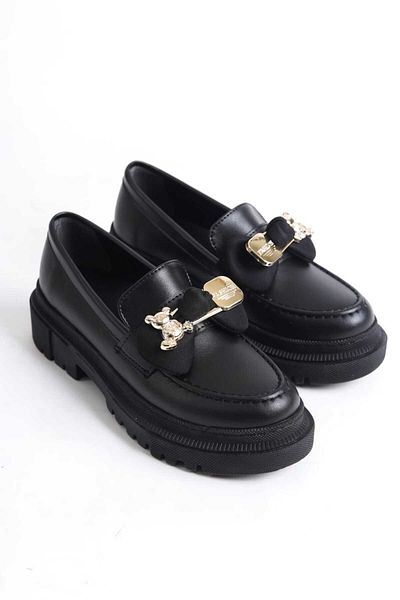 Zaza moda Black Skin Teddy Bear Buckle Detailed Loafer Women's Shoes