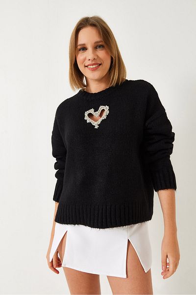 Bianco Lucci Women's Heart Detailed Stone Embroidered Knitwear Sweater 60261249