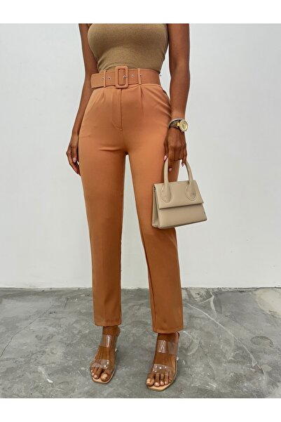 Modamorfo Thick Belted Fabric Trousers -Cinnamon