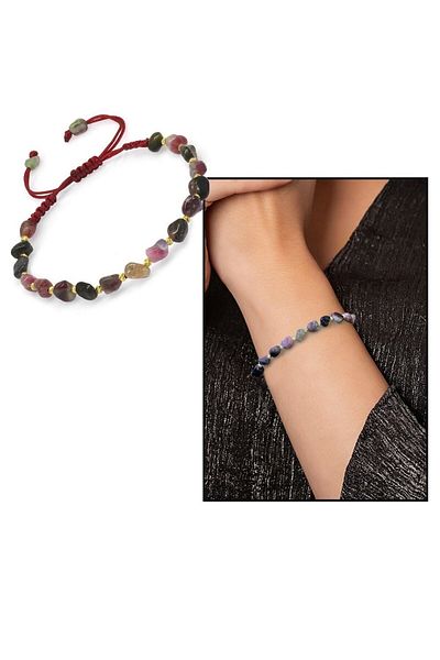 Tesbihane Macrame Braided Natural Cut Tourmaline Natural Stone Women's Bracelet