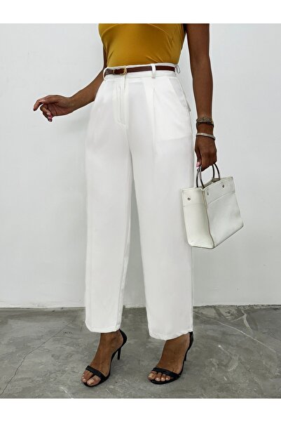 Modamorfo Slim Belted Pocketed Trousers with Stitched Legs - White