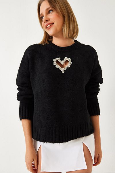 Bianco Lucci Women's Heart Detailed Stone Embroidered Knitwear Sweater 60261249