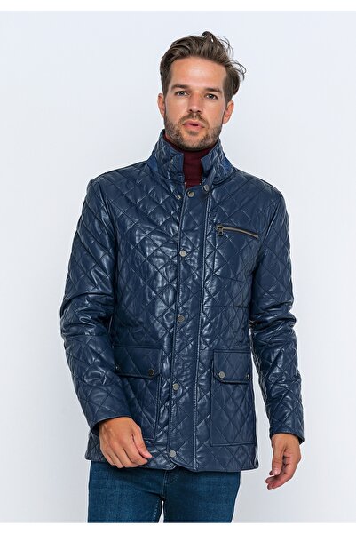 Basics&More Men's Dark Navy Quilted Leather Coat-E1630