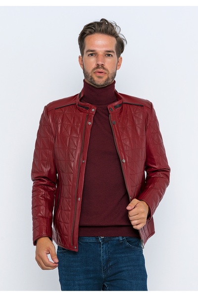 Basics&More Quilted Patterned Stripe Burgundy Leather Coat-E02