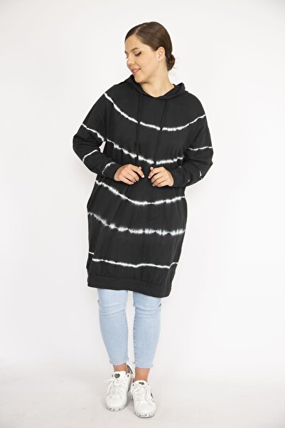 Şans Women's Large Size Black Tie-Dye Patterned Hooded Long Sweatshirt 65n36724