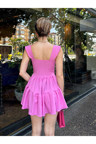 Angel Mia Düğme Detay Keten Şort Tulum Pembe
